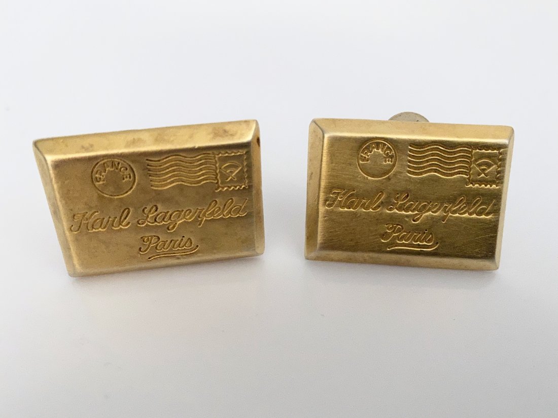 SIGNED KARL LAGERFELD 80s RUNWAY FIGURAL EARRINGS: Vintage 80's signed Karl Lagerfeld Paris mailing letter clip on earrings. Each measures 1 1/2"