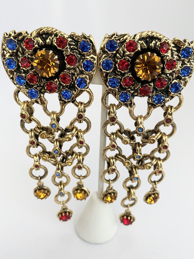 VINTAGE SIGNED DELIGUORO JEWELED MOGUL RUNWAY EARRINGS (1 of 3)