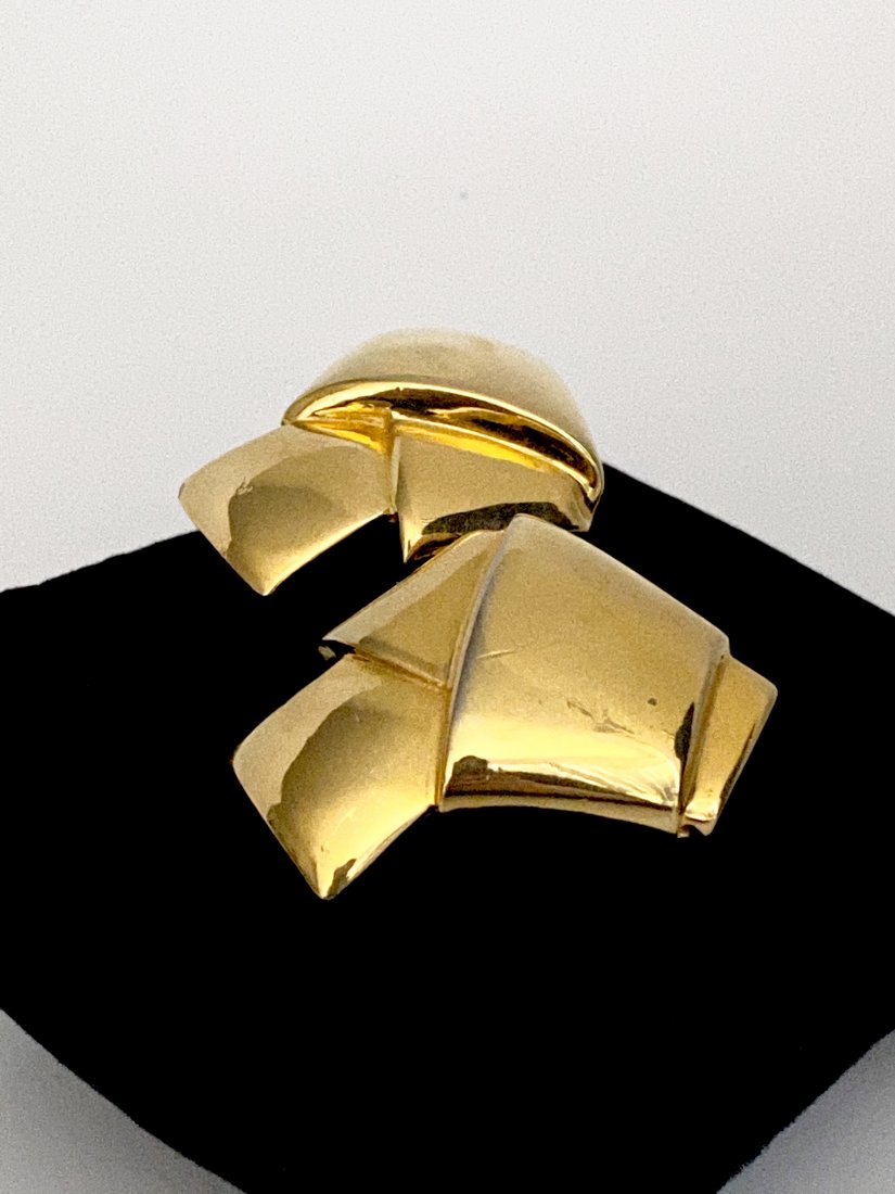 VINTAGE SIGNED PIERRE BALMAIN PARIS ORIGAMI EARRINGS: An excellent pair of ear clips signed Pierre Balmain Paris in the form of folded origami. Each measures 1 3/4"