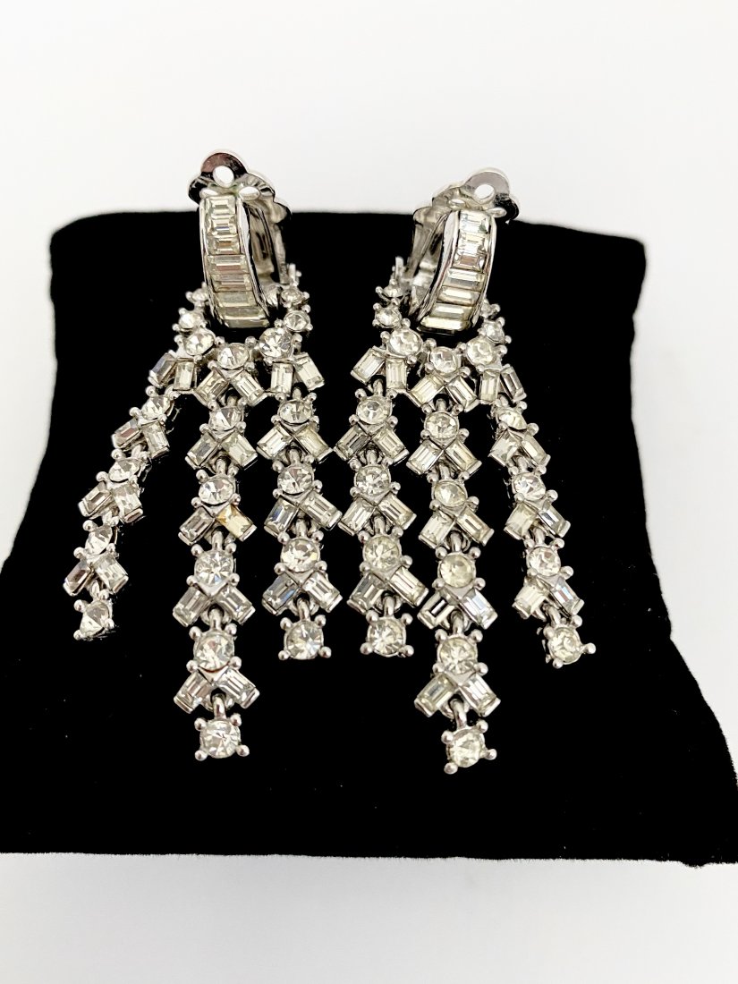 VINTAGE CINER LOOK OF FINE JEWELRY WATERFALL EARRINGS: A vintage pair of signed ciner ear clips. Each measures 3" with baguette and round stones