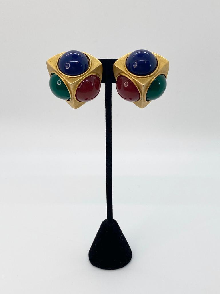NEW OLD STOCK 80'S JAY STRONGWATER CABOCHON EARRINGS: Signed Jay Strongwater gold-tone clip geometric earrings with jewel-tone cabochons. 1 1/4". We encourage you to look at Lot #110 for the matching signed bracelet.