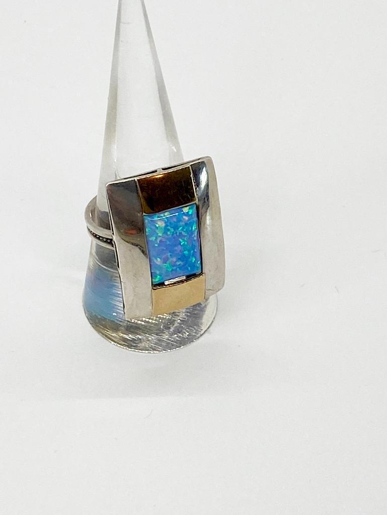 A STERLING SILVER 14K GOLD EMERALD CUT OPAL ESTATE RING (1 of 3)