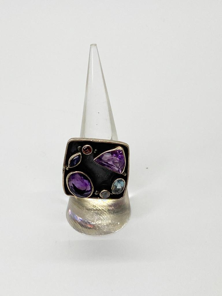 MULTI STONE OXIDIZED STERLING TRAY RING WITH AMETHYST (1 of 3)