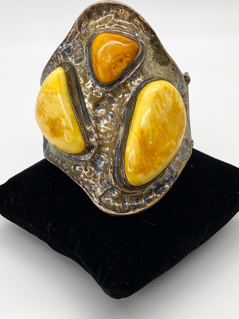A MASSIVE ARTISAN AMBER STERLING SILVER CUFF BRACELET (1 of 2)