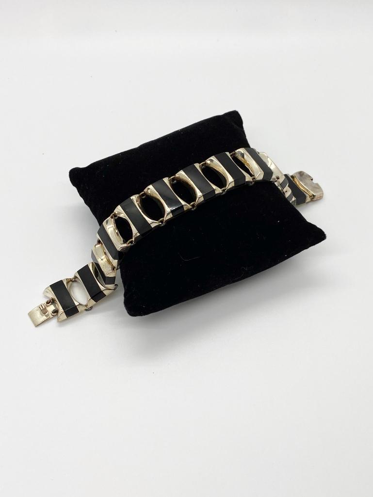 SIGNED TAXCO VINTAGE STERLING SILVER ONYX BRACELET (1 of 3)