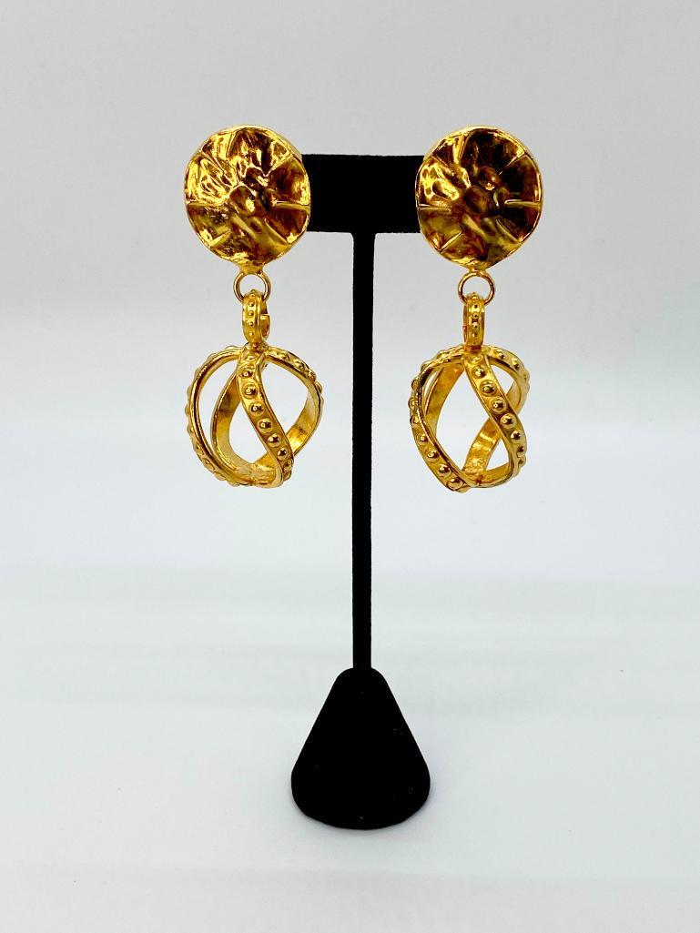 VINTAGE PHILIPPE FERRANDIS PARIS RUNWAY EARRINGS LARGE: Signed Philippe Ferrandis clip earrings with original paper MADE IN FRANCE labels. Clip back. 2 3/4"