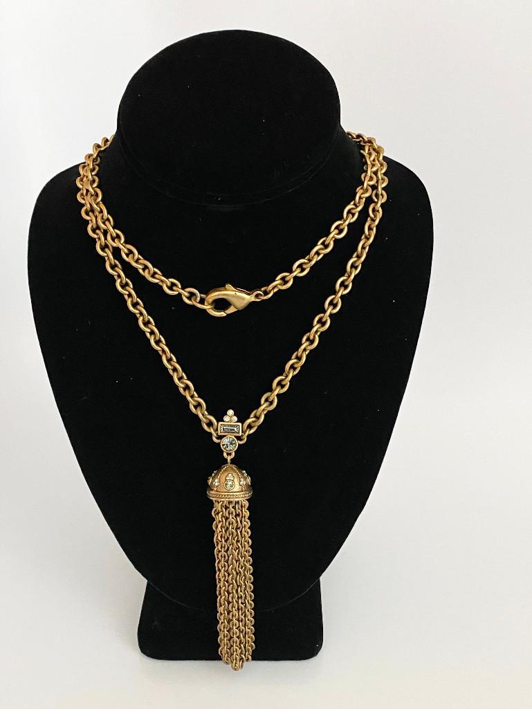 HEAVY BRONZETONE JEWELED MOGUL FLAPPER STYLED TASSEL: A 36" faux smokey topaz jeweled necklace with a 5" tassel.