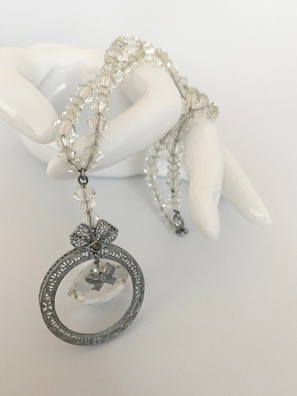 VINTAGE FINE STERLING SILVER CRYSTAL BOW 50'S NECKLACE (1 of 3)