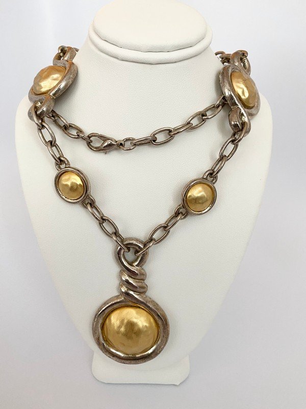 VINTAGE PHILIPPE FERRANDIS PARIS OVERSIZE DROP NECKLACE: A massive unsigned Philippe Ferrandis Paris 2 tone oversized pendant drop necklace. The piece measures 28: long not including the 3" pendant drop