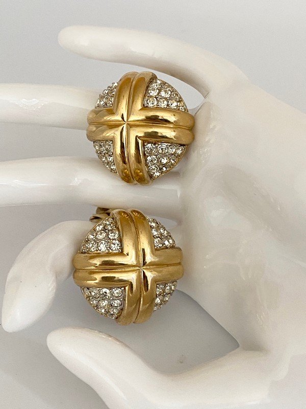 VINTAGE NINA RICCI PARIS JEWELED STRASS CROSS EARRINGS: An exceptional vintage Nina Ricci Paris signed earclips with blinding faux strass earrings. Each measures 1 1/4" round