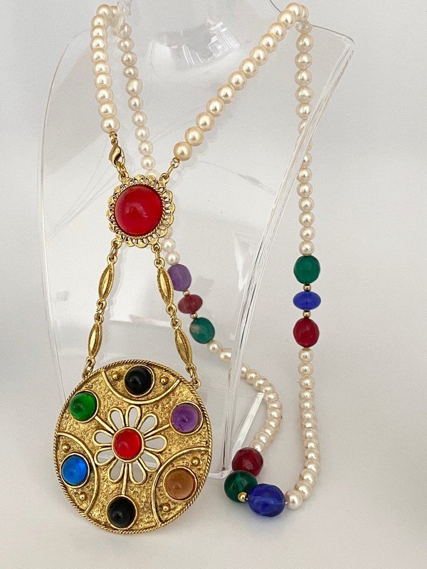 MASSIVE 80'S FRENCH RUNWAY POURED RESIN MOGUL NECKLACE: An amazing one of a kind front clasped long faux pearl and poured resin multi dimensional cabochon necklace in jeweled colors. The piece measures 32" not including the massive 6" drop pendant.