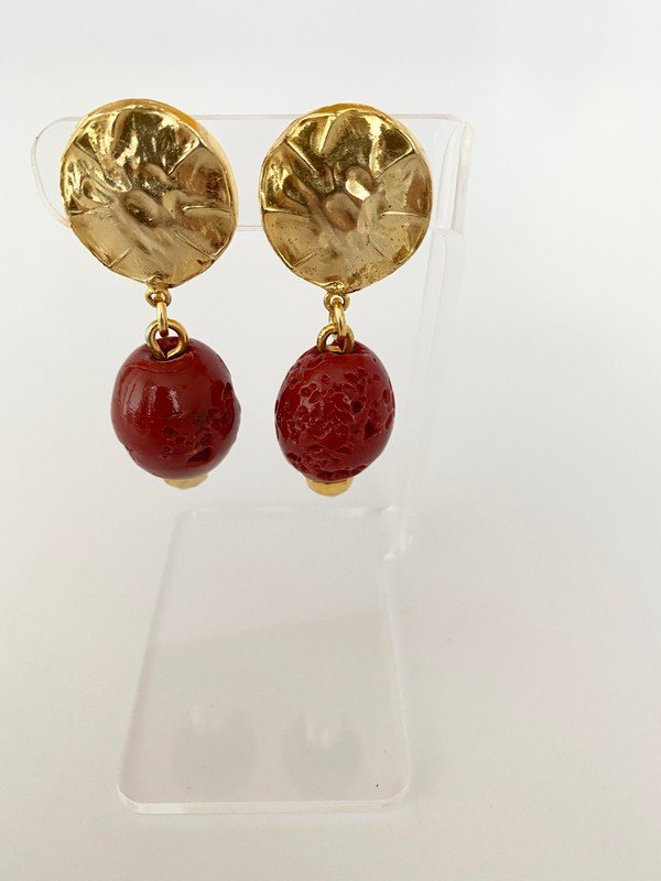 VINTAGE PHILIPPE FERRANDIS PARIS CAGED CORAL EARRINGS: Massive signed Philippe Ferrandis paris oversized high karat gilted caged drop earrings with massive red coral carved gripoix stones. Each ear clip measures 2 3/4" long