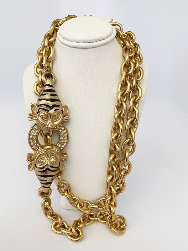AN EXOTIC 80'S RUNWAY WILD CAT JEWELED STATEMENT CHAIN: An oversized 42" clasped necklace or belt with 5" medallion featuring enameling and strass clear stones