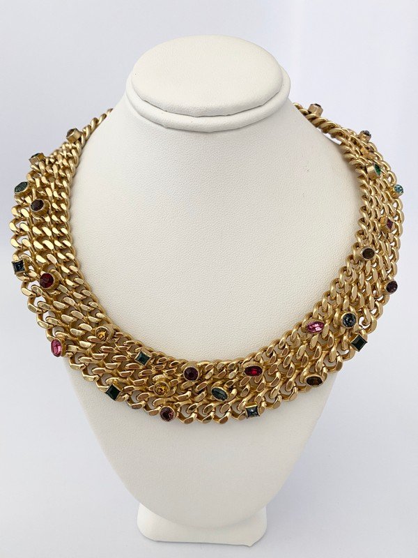 VINTAGE FRENCH SIGNED BERGERE CONFETTI RUNWAY NECKLACE: An important signed Bergere necklace with bezel set stones in different forms and colors. The piece is rounded and fits like an 18" necklace and is 1 thick.