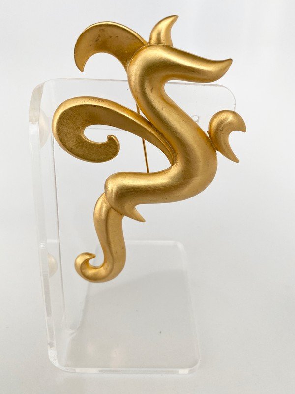 VINTAGE SIGNED 80'S JJ STYLIZED DRAGON RUNWAY BROOCH: A massive over 4" matte finish Dragon brooch dated and signed by JJ.