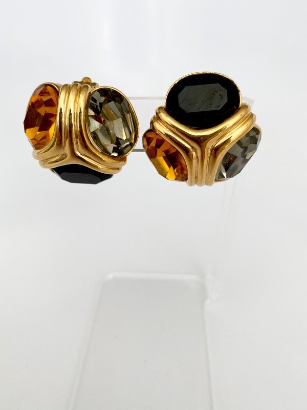 VINTAGE IMPOSSIBLE TO FIND SIGNED CINER RUNWAY EARRINGS: An oversized pair of 80's earrings signed Ciner in the manner of Webb with 3 massive cut crystal stones to mimic a citrine, onyx, and smokey quartz 1 3/4"