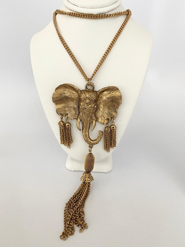 VINTAGE FRENCH ANIMAL KINGDOM ORNATE ELEPHANT PENDANT: a 24" clasped necklace leads to this over 6" highly detailed tassel elephant pendant necklace.