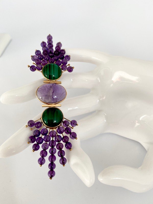 VINTAGE CUSTOM AMDE 14K GOLD AMETHYST MALACHITE PIN (1 of 4)