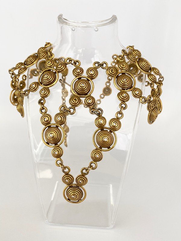 MASSIVE UNSIGNED YSL YVES ST LAURENT RUNWAY NECKLACE: An oversized large 17" necklace with a 6" drop of heavy cast squiggle panels by YSL. unsigned
