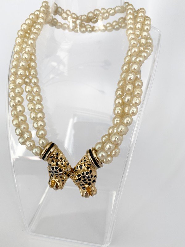 VINTAGE SIGNED GAY BOYER RUNWAY PEARL PANTHER NECKLACE (1 of 3)