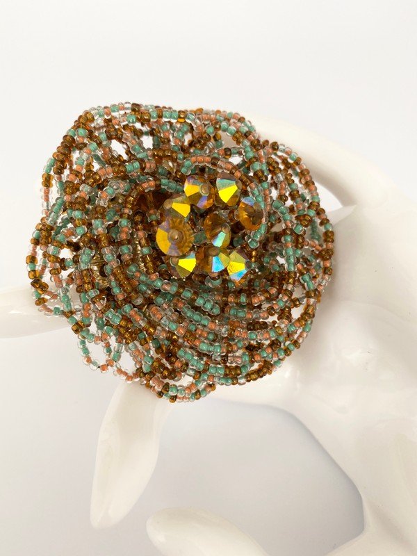 VINTAGE HOBE 60'S HARD TO FIND BEADED CAMELLIA BROOCH: An oversized 3" beaded camellia corsage brooch by Hobe
