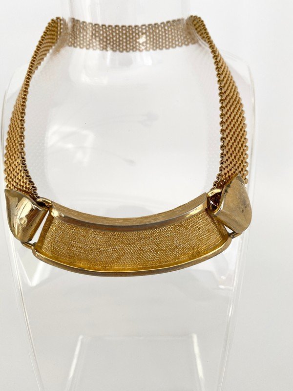 VINTAGE LANVIN PARIS OVERSIZED BUCKLE DECO NECKLACE: A vintage signed Lanvin Paris oversized ID necklace with looped front buckle closure. The piece fits like a 17" choker and is from the 60's wear to the plating at tip on clasp