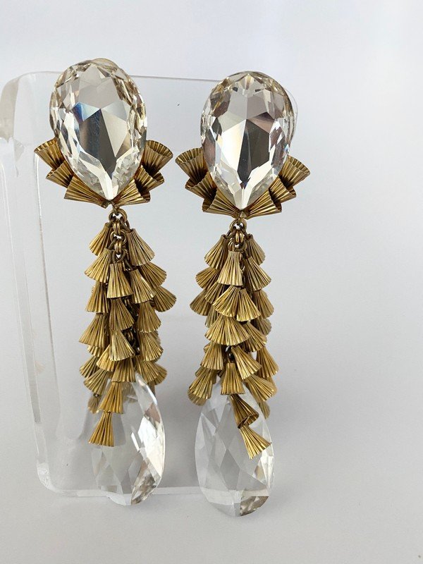 VINTAGE 5" FRENCH TASSEL HEAVY CRYSTAL RUNWAY EARRINGS (1 of 3)