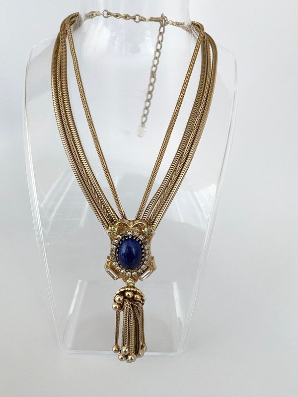 VINTAGE HOBE OVERSIZED SAPPHIRE TASSEL NECKLACE: A 20" multi chained tassel necklace by Hobe.