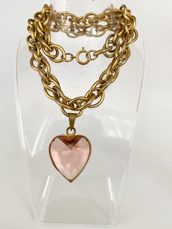 VINTAGE GIVENCHY PARIS OVERSIZED HEART RUNWAY NECKLACE: A 22" necklace with attached 2" bezel set crystal heart signed Givenchy