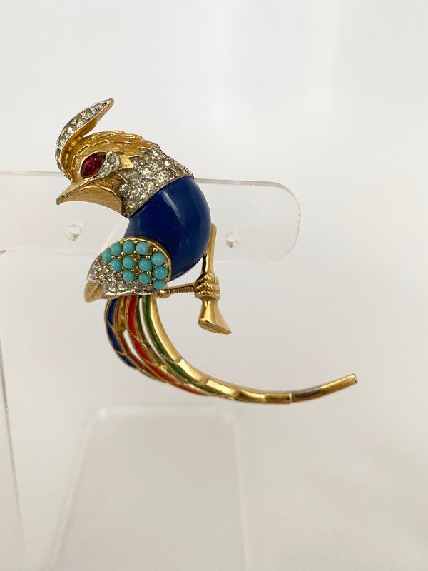 VINTAGE MARCEL BOUCER BIRDS OF PARADISE MOGUL BROOCH: An unsigned 3 1/2" marcel boucher jewels of fantasy brooch of an exotic bird