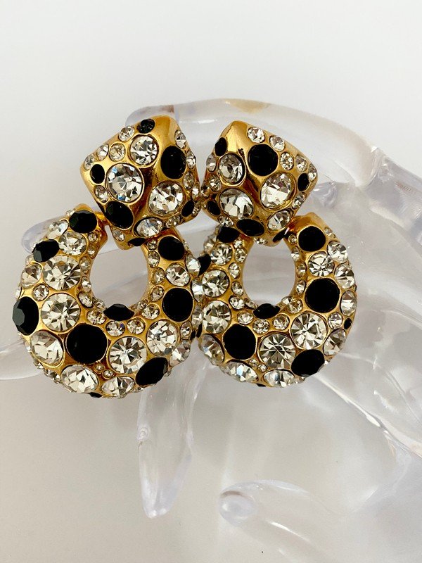 LARGE PAIR OF FRENCH JEWELED 80S DOORKNOCKER EARRINGS: A large pair of over 2 1/2" well balanced french ear clips with clear and onyx strass stones