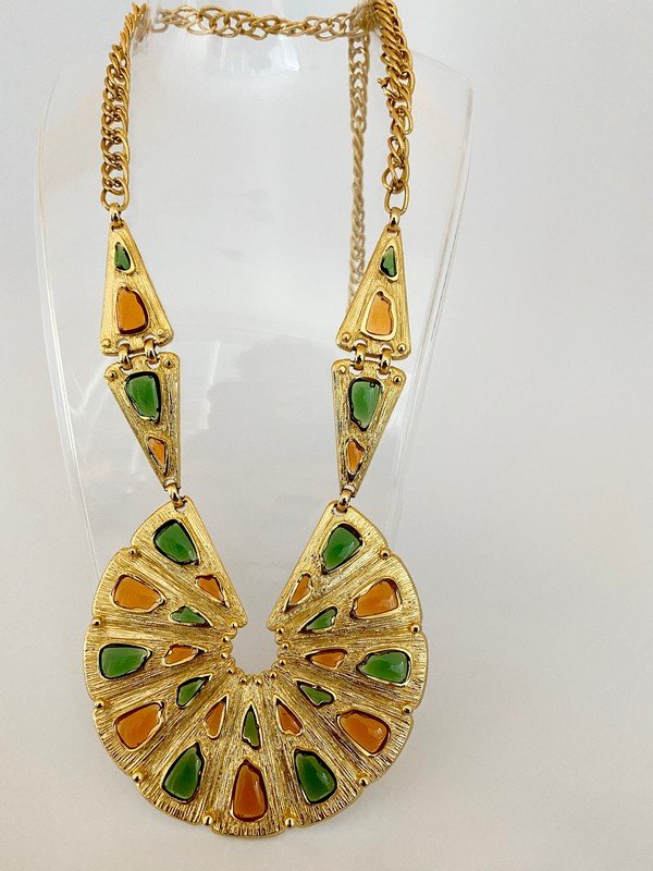 VINTAGE TRIFARI STAINED GLASS OVERSIZED RARE NECKLACE: A rare 22" never worn signed Trifai stained glass necklace in emerald and citrine glass. The medallion measures 6" long and 3 1/2"