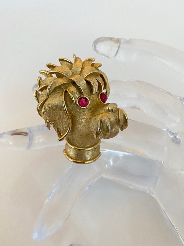 VINTAGE TRIFARI IMPOSSIBLE TO FIND RUBY EYE POODLE PIN: A rare multi dimensional 2" large poodle pin with ruby glass eyes signed Trifari