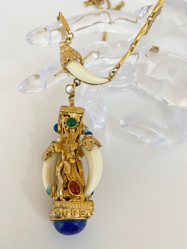 RARE 60'S KENNETH LANE SEMI PRECIOUS JEWELED NECKLACE: A very rare prototype necklace by Kenneth Lane, unsigned. The piece measures 28" long with a semi precious jeweled pendant that measures 3 1/2"
