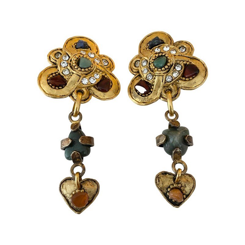 VINTAGE CLAIRE DEVE PARIS CHANDELIER RUNWAY EARRINGS: A massive pair of semi precious polished stone chandelier earrings. Each measures almost 5" in length and are 2 1/2" wide. Tight clips.