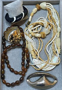 GERDA LYNGGAARD VINTAGE NECKLACE COLLECTION: An estate lot of mint condition vintage costume jewelry consisting of signed monies jewelry and an alexis kirk belt buckle, an unsigned monies bracelet and an oversized goldtone clamper