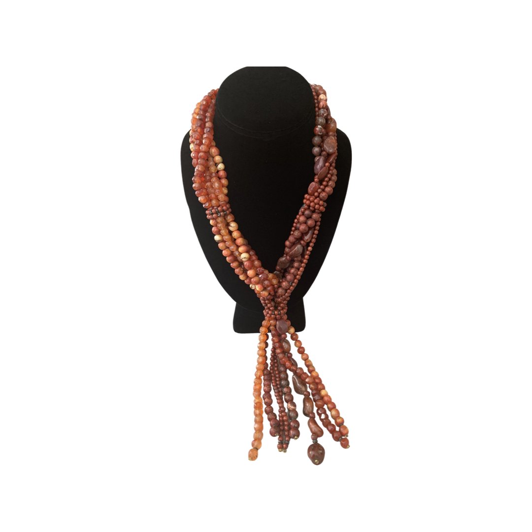 VINTAGE YSL YVES ST LAURENT RUNWAY TASSEL NECKLACE: A 20" signed Yves St Laurent Rive Gouche Made in france tassel necklace that measures 21" long with a 6" drop. Made of polished jasper and carnelian gemstones