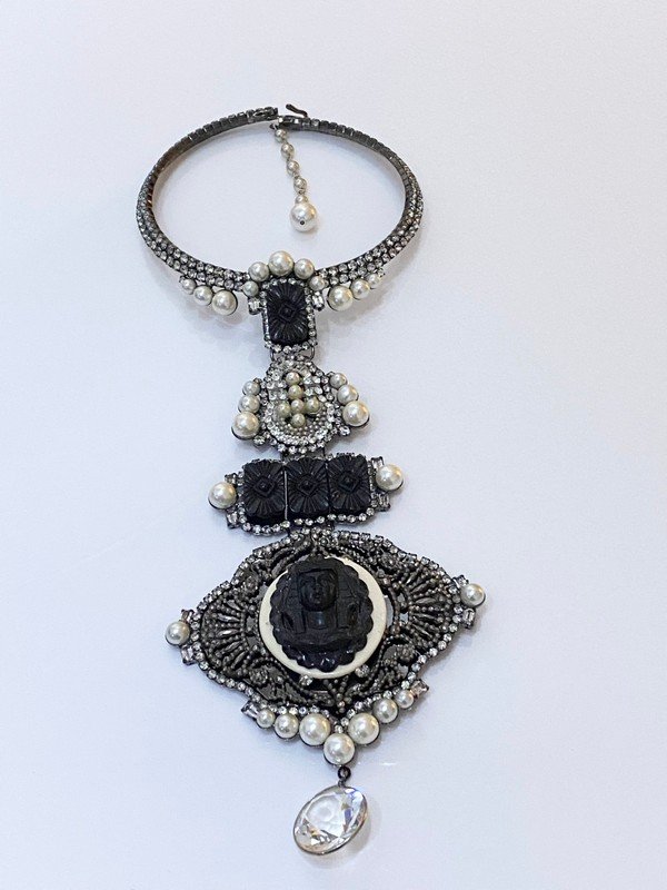 DESIGNER SIGNED L. VRBA RUNWAY EGYPTIAN DECO NECKLACE: An amazing one of a kind necklace that has an adjustable neckpiece to fit any size neck with prong set crystals and glass stones by Lawrence Vrba.The deco styled egyptian revival drop measures 9"! Fla