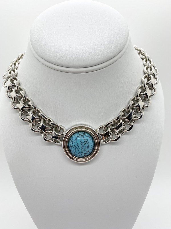VINTAGE LANVIN HAUTE COUTURE RUNWAY COLLIER DE CHIEN CHOKER: A signed Lanvin Germany wide double row curb link choker in silvertone with large turquoise glass center stones. Measures 17"