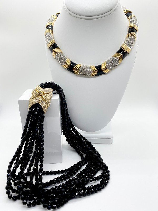 VINTAGE TORSADE & DYNASTY ERA 80'S SIGNED CINER RUNWAY CHOKER: An oversized signed ciner lot of 2 necklace; one a structured collar that fits an 18" necklace with enamel and over 700 crystals and the second a facet cut black glass torsade with strass crystal clas