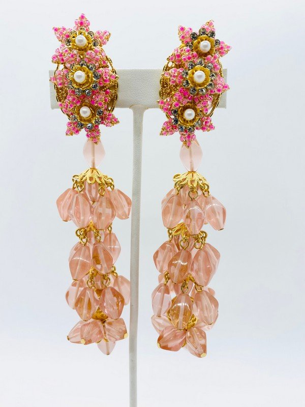 OVERSIZED HAUTE COUTURE RUNWAY PINK CHANDELIER EARRINGS: AN OVERSIZED POURED RESIN AND GLASS PARIL OF CLIP ON 5 1/2" EARRINGS