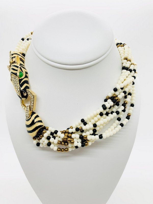 VINTAGE CINER HAUTE COUTURE ZEBRA MOGUL LOOK OF FINE CHOKER: AN OVERSIZED SIGNED CINER OVERISZED ZEBRA HEAD JEWELED ENAMELED TORSADE NECKLACE NEVER WORN FROM THE 80S