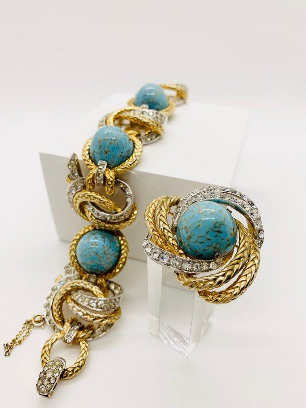 MARCEL BOUCHER LOOK OF FINE RARE PALACE VENDOME TURQUOISE BRACELET & BROOCH (1 of 2)