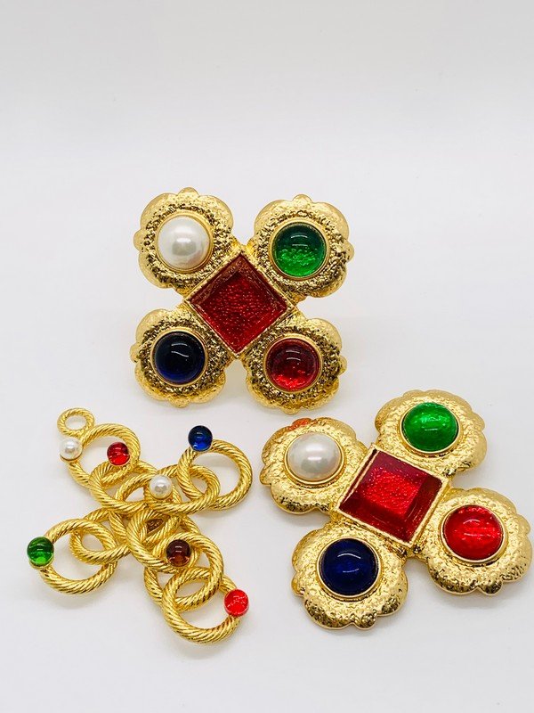 A PAIR OF SIGNED CHANEL JEWELED CROSS BROOCHES AND CROSS PENDANT (1 of 2)