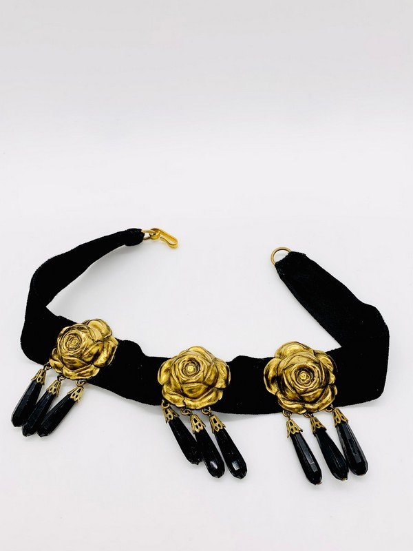 VINTAGE YVES ST LAURENT YSL RARE VELVET BRONZE ROSE RUNWAY CHOKER: A signed vintage yves st laurent signed YSL early velvet choker with jet glass and bronze rose ornaments. Measures 14" with 3" dangles