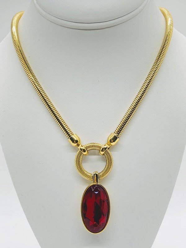 VINTAGE YVES ST LAURENT YSL RARE HAUTE COUTURE JEWELED DROP NECKLACE: A signed vintage yves st laurent signed YSL early large ruby glass drop necklace that measures an adjustable 20' with a 3" drop