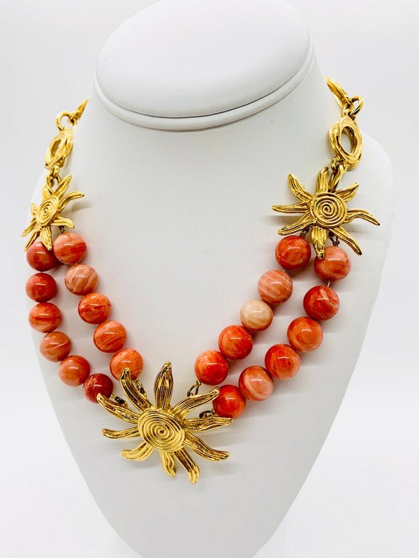 VINTAGE YVES ST LAURENT YSL RARE HAUTE COUTURE CORAL GLASS RUNWAY NECKLACE: A signed vintage yves st laurent signed YSL early coral glass adjustable 20" necklace. matching earrings available in next lot