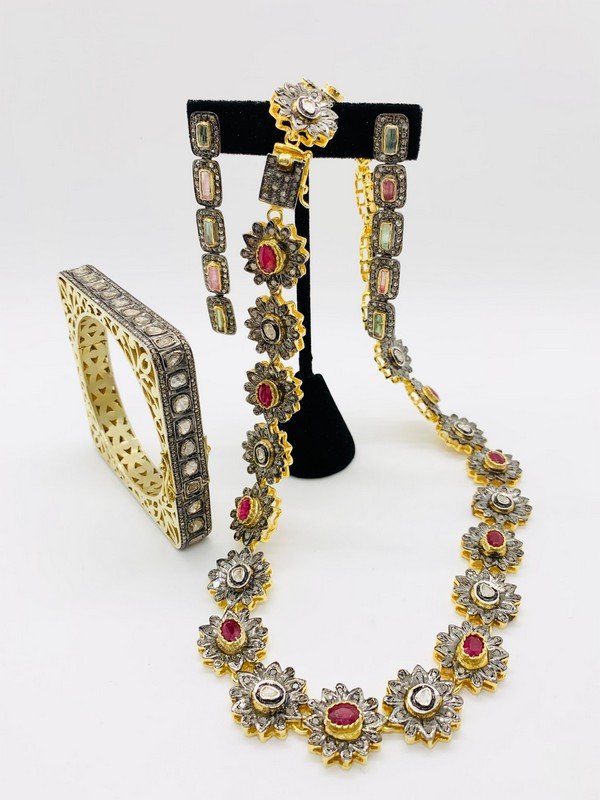 A 45 CARAT POLKI DIAMOND RUBY GEMSTONE STERLING SILVER GOLD OVER NECKLACE EARRINGS & BRACELET (1 of 5)