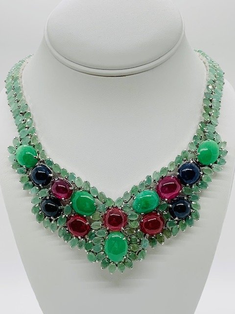 A NATURAL CUSTOM MADE EMERALD, RUBY, AND SAPPHIRE STERLING SILVER MOGUL NECKLACE (1 of 3)