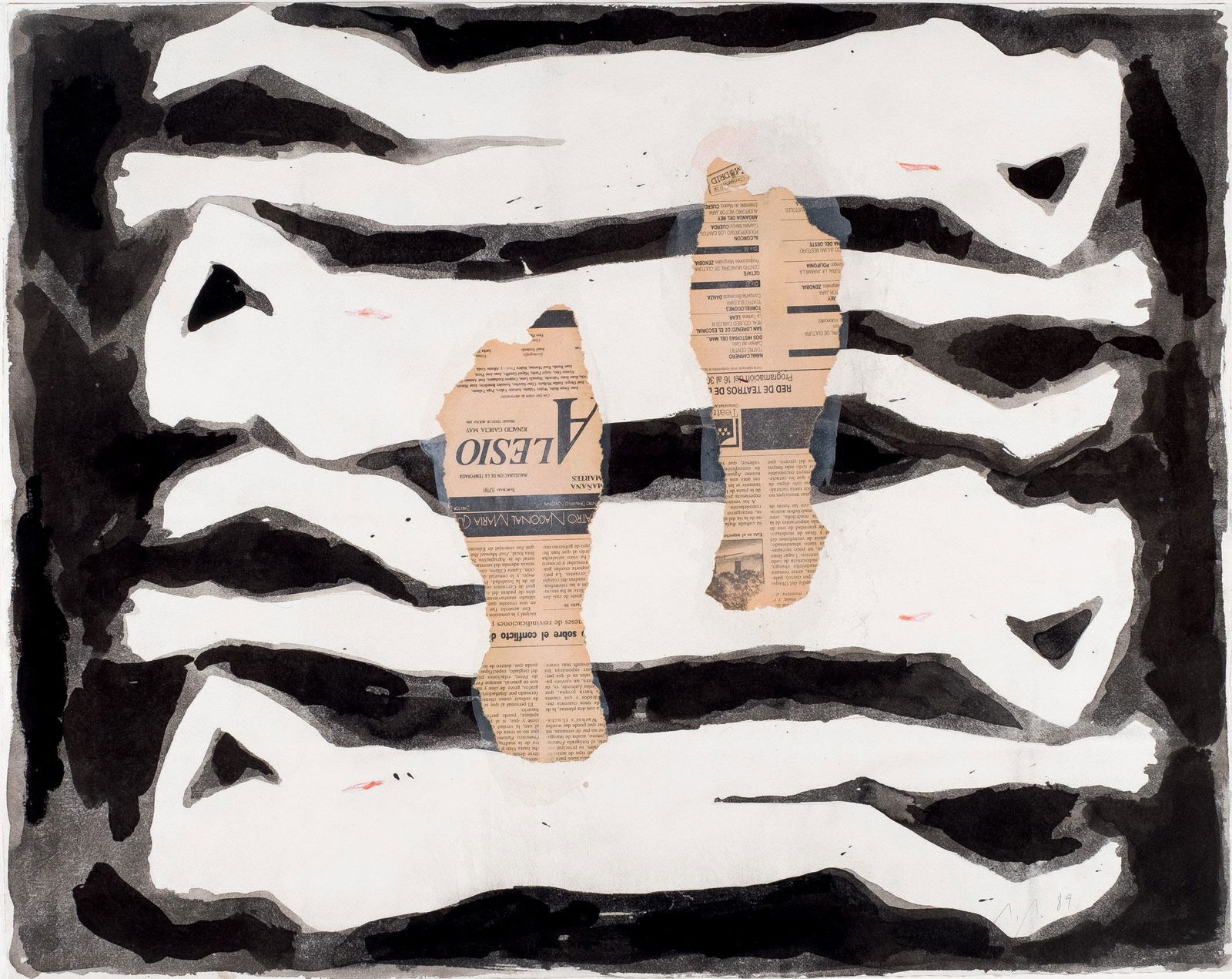 Alfonso Albacete. Untitled: ALBACETE, ALFONSO (1950). "Sin título". Técnica mixta con collage sobre papel Guarro. Firmado y fechado (89) en el ángulo inferior derecho. 60 x 75 cm